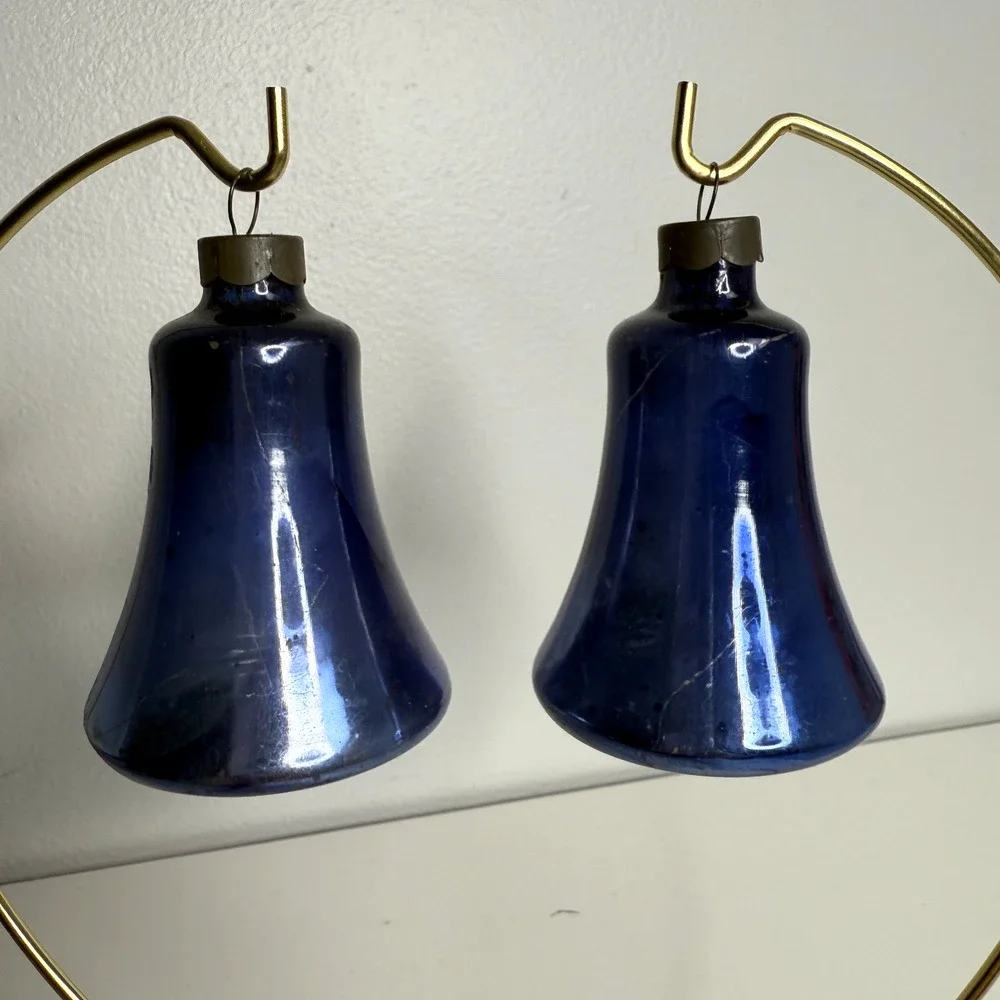 VTG Lot of 2 Mercury Glass Bell Ornaments Blue Made in US of A Silvered Pre War